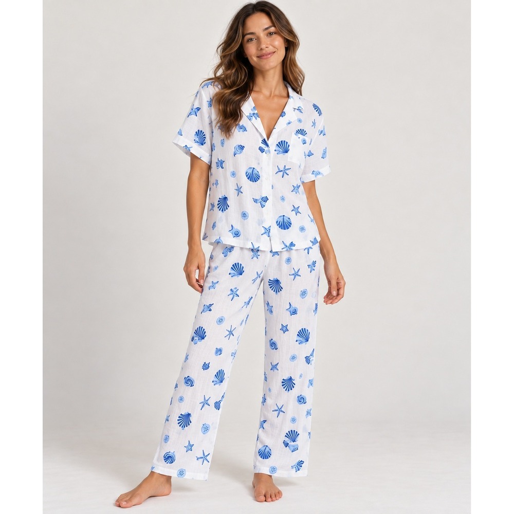 Printfresh Women Medium Linen Pajama Set Blue Seashell Starfish Coastal NEW